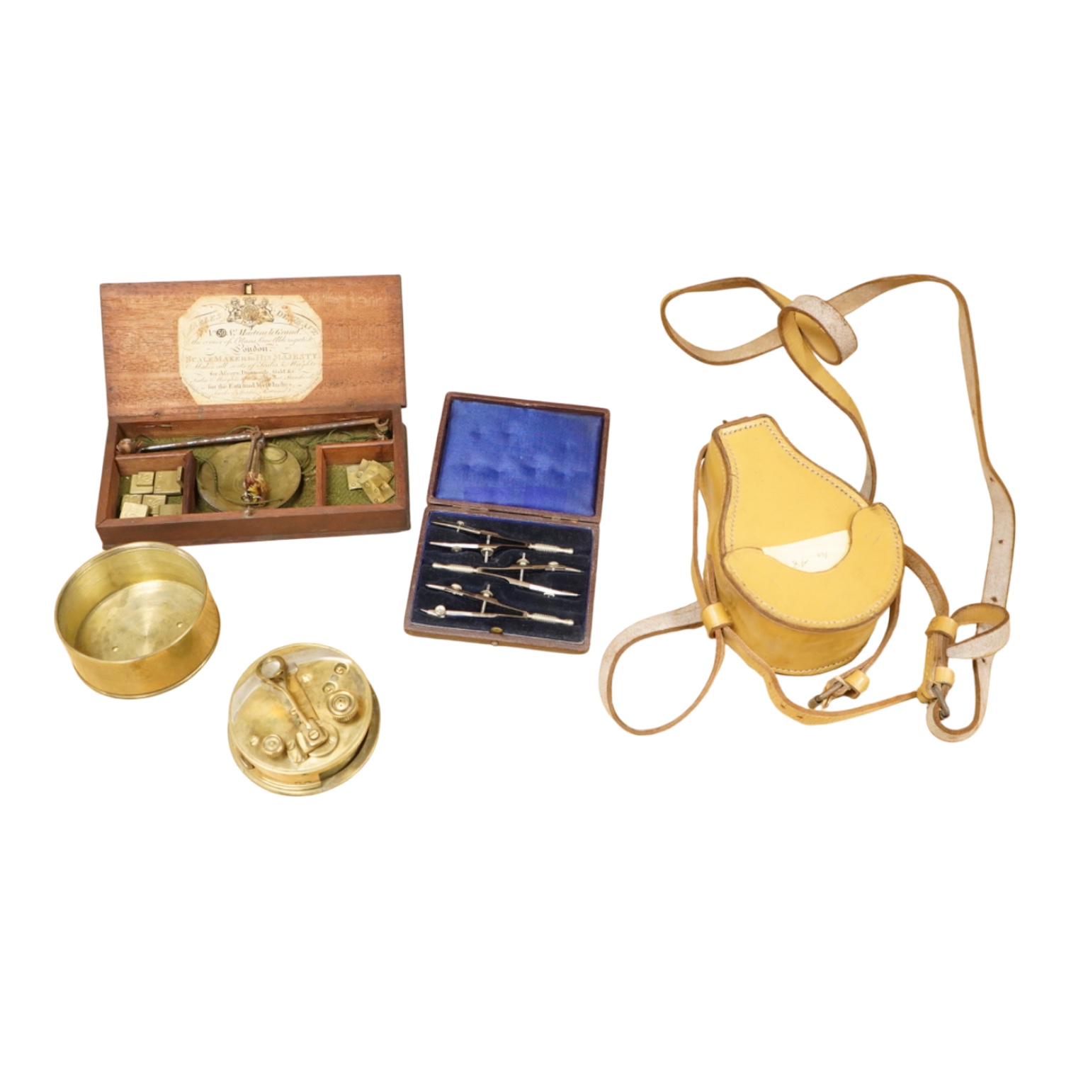 Four scientific instruments, consisting; a set of apothecaries steel balance scales, by Charles de Grave, 59, St. Martin’s le Grand…London; a set of three small drawing compasses, leather cased; a prismatic compass, by S